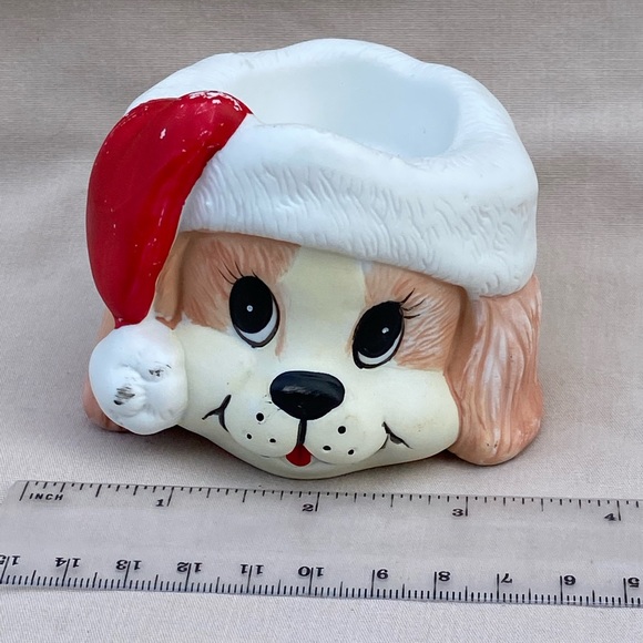 Vintage Christmas ceramic Votive Candle Holder Dog in Santa Hat Gift Co - Picture 1 of 4